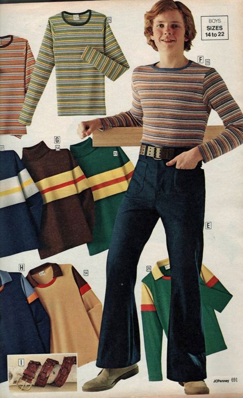 1970s boys clothes from JC Penney...I would seriously wear the shirt this boy model has on now!! 60s Boys Outfit, 70s Boys Outfits, 80s Boys Outfits, 70s Clothes Men, 70s Fashion Boys, 70s Clothes Aesthetic, 70s Boys Fashion, 70s Teenage Fashion, 70s Teen Fashion