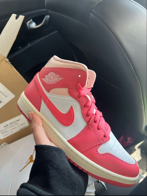 #nike #jordan1 #mid #pink #white #shoes Jordan 1 Strawberries And Cream, Nike Air Jordan 1 Outfit, Jordan Mid, Air Jordan 1 Outfit, Pink Jordans, Clothing Pieces, Swag Shoes, School Fits, Air Jordan 1 Mid