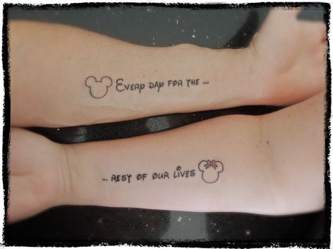 Wedding Anniversary Tattoo, Disney Couple Tattoos, Married Couple Tattoos, Tattoos Disney, Couple Disney, Couple Tattoos Love, Mickey Tattoo, Anniversary Tattoo, Cute Couple Tattoos