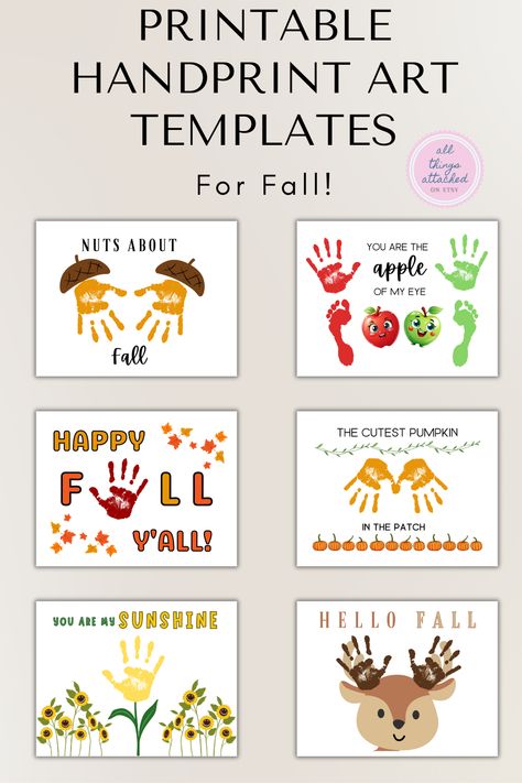 Looking for a fun fall handprint craft for toddlers? This kit includes 6 printable templates to create everlasting fingerpaint keepsakes for your little ones, just in time for fall! Baby Hand Print Art, September Handprint Crafts, Infant Hand And Footprint Art Fall, Easy Fall Handprint Crafts, October Hand Print Craft, Hello Fall Handprint, Free Fall Handprint Printables, Fall Handprint Art, Nanny Job