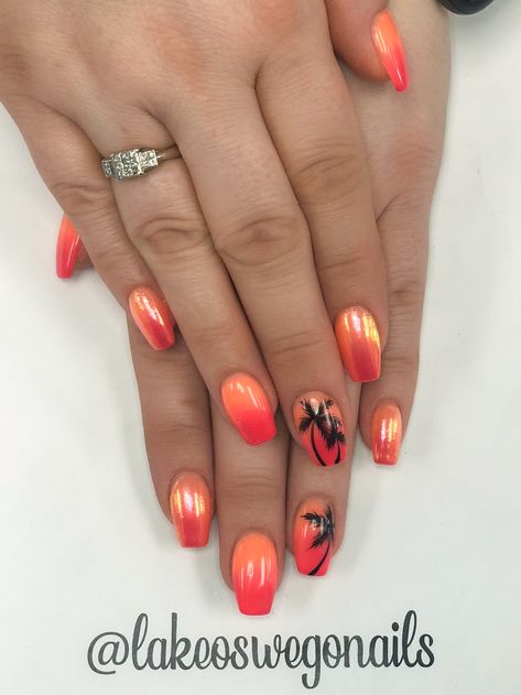 Sunset Sns Nails, Palm Tree Nails Designs, Coral Palm Tree Nails, Neon Pink Beach Nails, Orange Holiday Nails Summer, Tropical Chrome Nails, Sunset Beach Nails, Tequila Sunrise Nails, Orange Vacation Nails