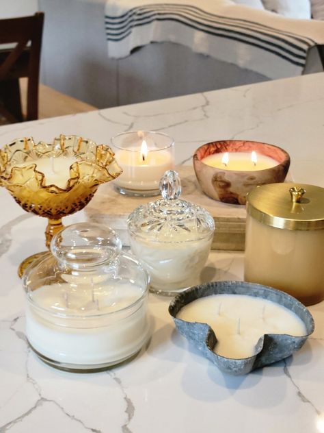 Garlandian Home Instagram: @garlandianhome Vintage Candles Thrifted Candles Wedding, Homemade Candles Aesthetic, Candles In Thrifted Containers, Thrifted Candle Holders, Candles In Vintage Glassware, Thrifted Apartment Decor, Diy Vintage Candles, Candle Making Party, Candle Diy Mason Jar