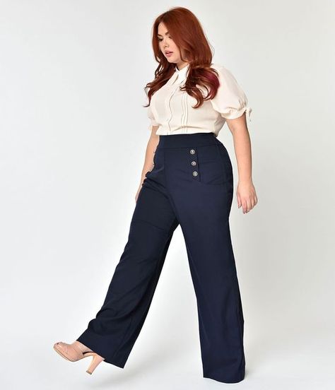 Unique Vintage Plus Size 1940s Style Midnight Blue High Waist Sailor Ginger Pants Vintage Plus Size, 1940s Style, Sailor Fashion, Summer Work Outfits, Neue Outfits, Moda Plus, Plus Size Fashion For Women, 1940s Fashion, Work Outfits Women