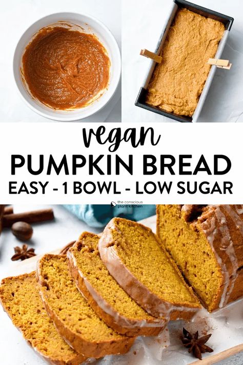 This Vegan Pumpkin Bread is the most delicious moist fall bread recipe ever, made with twice less sugar than regular pumpkin bread and of course egg free and dairy free. Fall Bread, Fall Bread Recipes, Bread Oil, Vegan Pumpkin Bread, Pumpkin Bread Easy, Dairy Free Pumpkin, Vegan Pumpkin Recipes, Vegan Baking Recipes, Low Carb Flour