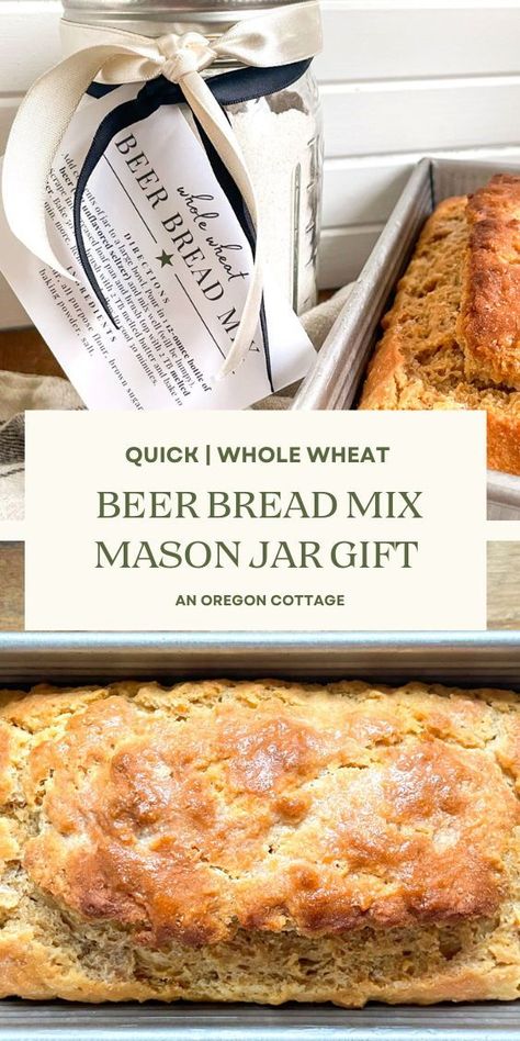 Whip up a batch of this mouth watering beer bread mix with whole wheat in minutes for a recipe that is not only quick, but also packed with extra nutrients. Give this jar gift to a friend or family member who loves to bake along with a bottle of beer (or non-alcoholic beer or soda water) - all they need to add is a brushing of butter to enjoy their warm, homemade bread. Plus, the downloadable tags are included, too! Beer Bread Mix In A Jar, Unique Food Gifts, Oregon Cottage, Beer Bread Mix, Irish Bread, Flavored Beer, Loaf Cakes, Non Alcoholic Beer, Lemon Bread