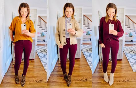 How to Style Your Perfect Burgundy Pants Outfit With Items Already In Your Closet - Get Your Pretty On® Plum Pants Outfit, Burgundy Jeans Outfit, Burgundy Pants Outfit, Purple Pants Outfit, Maroon Pants Outfit, Outfits Quiz, Plum Pants, Maroon Outfit, Dress Pants Outfits