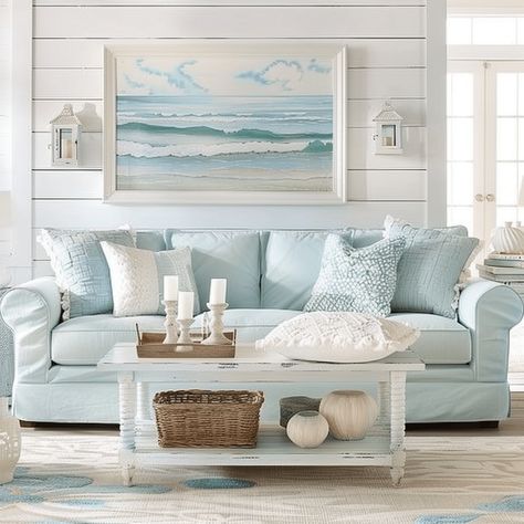 Living Room Coastal Style, Coastal Couch, Coastal Modern Living Room, Modern Coastal Living Room, Modern Living Room Design Ideas, Coastal Paint, Coastal Accessories, Beach Theme Living Room, Coastal Decorating Living Room