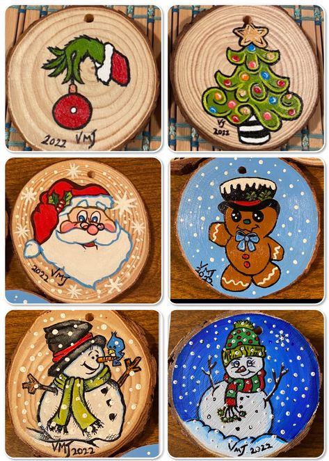 Wood slice Xmas ornament paintings VMJ VickiMackJackson 12-2022 Modesto, CA. Wood Slice Art Christmas Easy, Painted Log Slices Christmas, Wood Slice Art Christmas Paw Print, Woodslice Paintings Christmas, Hand Painted Coasters Wood Slices, Slice Ideas, Xmas Art, Wood Cookies, Christmas Squares