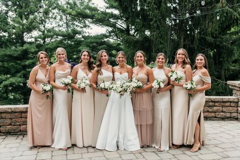 Champagne Bridesmaid Dresses Azazie, Bridesmaid Dresses Light Brown, Neutral Color Dresses For Wedding Guest, Mismatched Champagne Bridesmaid, Almond Bridesmaid Dresses, Champagne Mismatched Bridesmaid Dresses, Cream Wedding Party, Bridesmaid Dresses Beach Wedding, Neutral Bridesmaid Dresses Mismatched