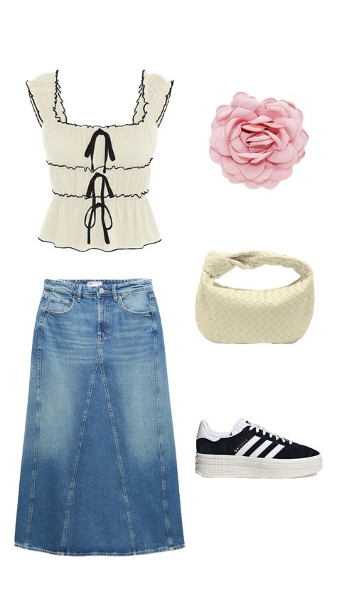 fall outfit, outfit inspo, outfit inspiration, cool girl outfit, coquette, lana del rey, long denim skirt, flower hair clip, matilda djerf, clean girl, fall fits, fall 2023 denim trends, fall outfits, outfit ideas, fall aesthetic, fall, outfits for school, fall aesthetic outfit, ruffle top, adidas gazelles, fall purse, cream purse, cream woven purse Matilda Djerf Inspired Outfits, Clean Girl Fall, Cool Girl Outfit, Lana Del Rey Outfits, Aesthetic Fall Outfit, Adidas Gazelles, Fall Aesthetic Outfit, Fits Fall, Outfit Coquette