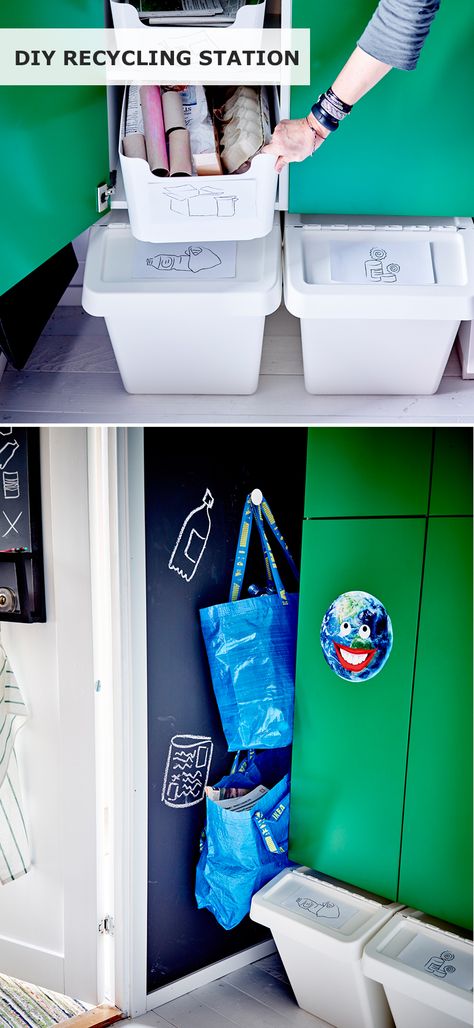 Get organized and live a more sustainable life at home! Click to see how to make an IKEA DIY home recycling station. Recycling System At Home, Recycling Station Ideas, Home Recycling Station, Ikea Storage Solutions, Attic Inspiration, Home Recycling, Hallway Organization, Plate Organizer, Waste Free Living