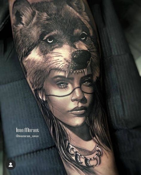 Wolf Girl Tattoos, Indian Girl Tattoos, Headdress Tattoo, Wolf Tattoos Men, Realism Tattoos, American Indian Tattoos, Wolf Tattoo Sleeve, Native Tattoos, Girl Face Tattoo