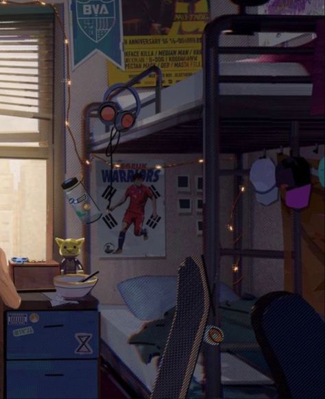 Miles Morales Dorm Room, Miles Room Spiderverse, Ganke Lee Across The Spider Verse, Ganke Lee Spiderverse, Miles Morales Room, Ganke Lee, Marvel App, Summer Bedroom, Miles Morales Spiderman