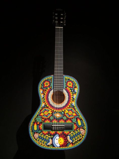 Huichol Guitar in CDMX, Mexico. // Stamps of Pam Guitar Art Diy, Painted Instruments, Guitar Painted, Painted Guitars, Ukulele Design, Ukulele Art, Guitar Illustration, Instruments Art, 4th Grade Art