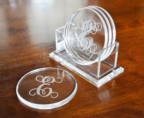 Personalized acrylic coasters on Etsy, $32.00 Laser Cut Coaster, Cnc Router Projects, Router Projects, Routeur Cnc, Laser Projects, Laser Cut Wood Crafts, Woodworking Tools Workshop, Laser Engraved Ideas, Glass Engraving