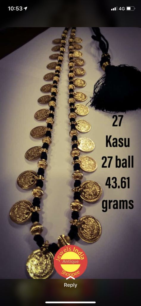 Thread Gold Jewellery Indian, Black Beads Kasu Mala, Thread Jewellery Gold, Kasu Necklace Designs, Diy Mangalsutra, Black Thread Gold Jewellery, Black Thread Jewellery Indian, Kasu Necklace, Antique Necklaces Design