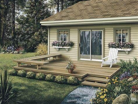 25+ Inspiring Small Deck Ideas Adding Free Floating Deck To Brick House, Deck With 2 Doors, 12x12 Deck Plans Lowe's, Short Wide Backyard, Simple Deck Stairs, Backyard New Build, Craftsman Back Deck, Small Backyard Decks, Patio Deck Designs