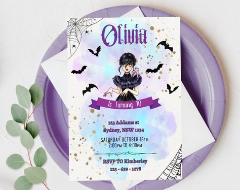 Editable Digital Wednesday Addams Birthday Invitation Download for Print or Text 5x7, Wednesday Printable Invite Template etsy Addams Family Theme Party, Wednesday Addams Birthday, Paper Party Decorations, Gender Reveal Party Decorations, Birthday Party Celebration, Birthday Template, Themed Birthday Party, 9th Birthday, Wednesday Addams