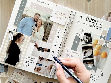 Pregnancy Photo Journaling and Free Downloads Family Album Design, Scrapbook Baby Book Ideas, Photo Journaling, Pregnancy Scrapbook, Custom Photo Albums, Baby Scrapbook Pages, Pregnancy Photo, Pregnancy Journal, Photo Album Diy