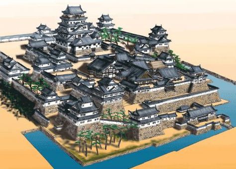 Drawing of the structure of Japanese Castle Japanese Fortress, Japanese Castle Art, Samurai Castle, Japan Castle, Japanese Palace, Medieval Japanese, Japanese Castles, Medieval Japan, Fantasy City Map