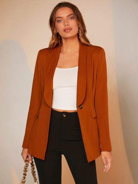 Burnt Orange Elegant Collar Long Sleeve Woven Fabric Plain Regular Embellished Non-Stretch Spring/Fall Women Suits Dress With Blazer Outfit, Orange Blazer Outfits, Blazer Outfits Women, Semi Formal Mujer, Ropa Semi Formal, Orange Suit, Women Blazers, Orange Blazer, Blazer Outfits For Women