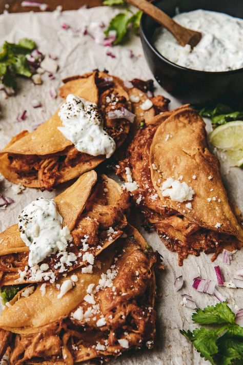 These tacos are decadent, full of flavor, and super simple to whip up for a taco Tuesday or any other day of the week. Taco tuesday recipe. Easy authentic crispy taco recipe Crispy Chipotle Chicken Tacos, Chipotle Chicken Tacos, Taco Tuesday Recipes, Chipotle Crema, Lime Crema, Crispy Tacos, Cheese Tacos, Taco Recipe, Chipotle Chicken