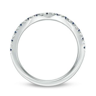 Vera Wang Love Collection Blue Sapphire and 1/15 CT. T.W. Diamond Contour Wedding Band in 14K White Gold | Wedding Bands | Wedding | Zales Contour Wedding Band, Peoples Jewellers, Curved Wedding Band, White Gold Wedding, Wedding Time, Gold Wedding Band, Vera Wang, Gold Wedding, Wedding Band