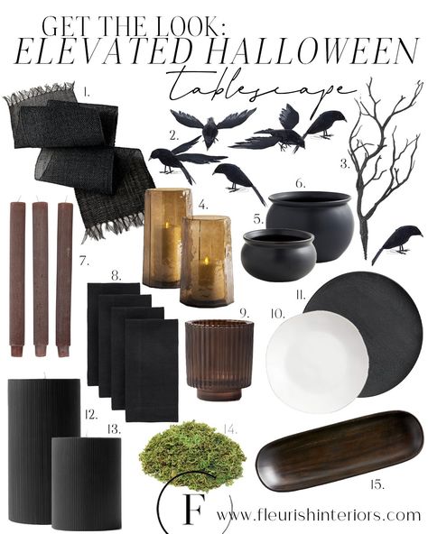 Neutral and Sophisticated Halloween Table Decor — Fleurish Interiors Simple Halloween Coffee Table Decor, Halloween Dinning Room Table, Halloween Kitchen Table Decor, Coffee Table Halloween Decor Ideas, Spooky Chic Halloween Decor, Spooky Tablescape, Halloween Coffee Table Decor, Halloween Table Decorations Centerpieces, Table Halloween Decor