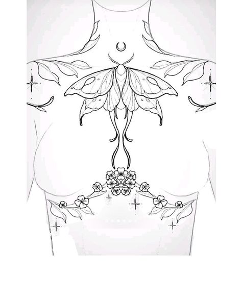 Women's Chest Tattoo Ideas, Feminin Chest Tattoo, Chest Tattoo Female Sternum, Chest Piece Tattoos For Women Unique, Front Torso Tattoos For Women, Body Concept Tattoo, Lunar Moth Chest Tattoo, Chest Peices Tattoos Women, Sternum Tattoo Large Bust