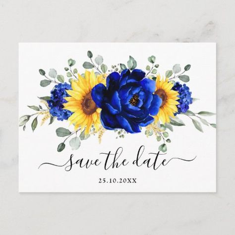 $1.35 | Royal Blue Rustic Sunflower Modern Save the Date #yellow bright sunflower fall invitation, dusty navy royal blue peonies, country rustic barn botanical flowers, eucalyptus green leaves mid-summer, simple unique garden budget template, late summer rich cobalt bloom, elegant greenery foliage colorful, winter wildflower outdoor hydrangea, stylish modern trendy watercolor floral, sophisticated themed chic peony wedding Sunflower And Blue Rose Wedding, Royal Blue And Yellow Wedding Theme, Blue Sunflower Wedding, Blue Roses Wedding, Yellow Wedding Theme, Blue Sunflower, Country Bridal Shower, Sunflower Themed Wedding, Wedding Renewal