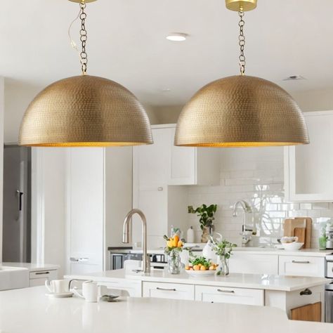 Set of 2 Dome Pendant Light, Hanging Light Fixture, Pendant Ceiling Light, Modern Lighting, Kitchen Island Light. This refined dome pendant light offers clean simplicity, making it an ideal addition to various living spaces. It shines when placed above dining tables or kitchen islands and serves as an elegant accent in living rooms or entryways. Features of This Modern Ceiling Light: The pendant's gold finish delivers a minimalist and polished look, fitting seamlessly into a range of decor style Brass Dome Pendant Light, Brass Dome Pendant, Dome Light Fixture, Bronze Ceiling Lights, Pendant Light Set, Dome Pendant Light, Brass Ceiling Light, Brass Interior, Dome Light