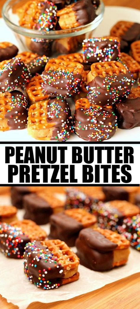 Peanut Butter Pretzel Bites combine peanut butter, cream cheese, pretzels, chocolate, and sprinkles. All my favorite things packaged into a perfect little bite! | www.persnicketyplates.com Cheese Pretzels, Peanut Butter Pretzel Bites, Pretzels Chocolate, Peanut Butter Cream Cheese, Peanut Butter Cream, Peanut Butter Bites, Peanut Butter Snacks, Peanut Butter Pretzel, Dipped In Chocolate