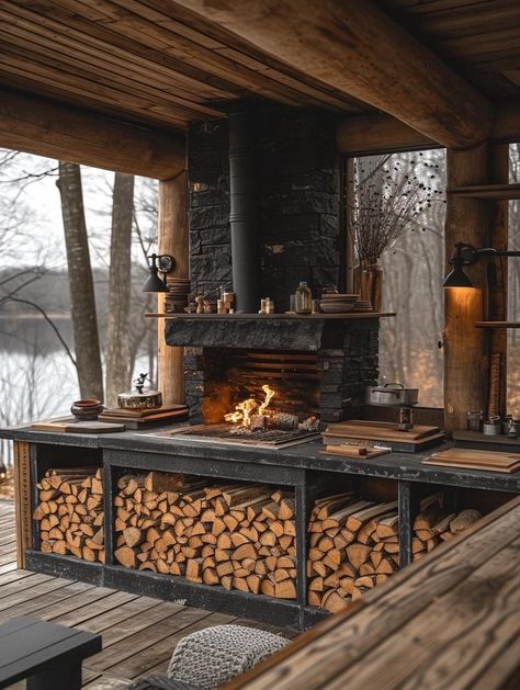 Woodburning Stove Fireplace, Luxury Outdoor Kitchen, Outdoor Bbq Area, Long Kitchen, Outdoor Kitchen Plans, Modern Backyard Landscaping, Minnesota Home, Cabin Exterior, Backyard Pavilion