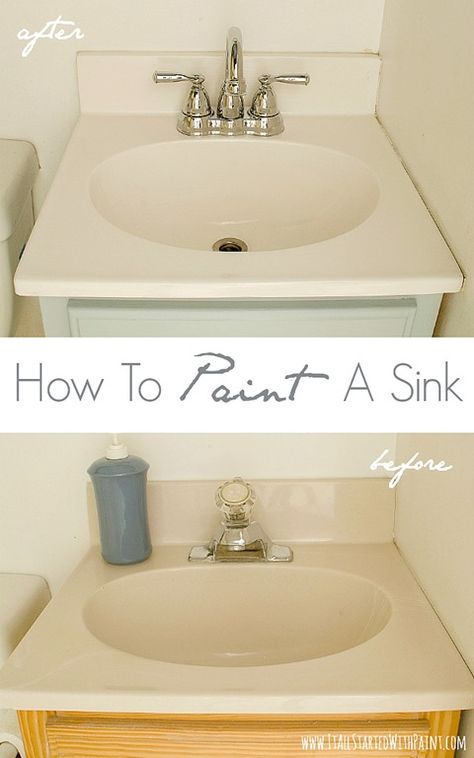 How-To-Paint-A-Sink-Before-and-After  Wow this is so neat! What a wonderful inexpensive way to update a sink!! I can't wait to try! Paint A Sink, Painting A Sink, Cheap Diy Home Improvements, Paint Bathroom, Diy Home Decor For Apartments, Makeover Before And After, Palette Design, Rv Remodel, Hur Man Målar