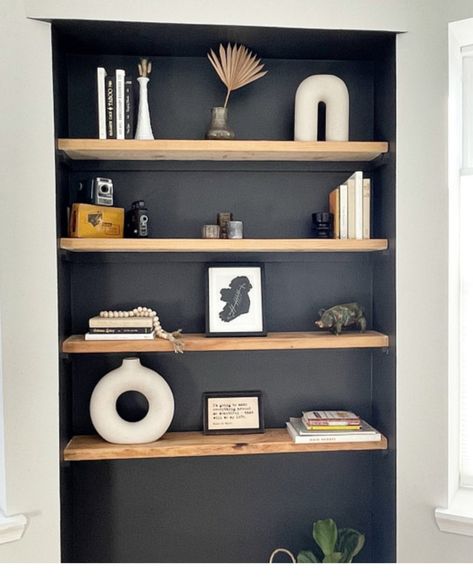 Black Alcove Shelves, Ideas For Nook Space, Wall Niche Entryway, Hallway Niche Ideas, Wall Niche Ideas Living Room, Wall Niche Ideas, Wall Cubbies, Timber Shelves, Shelf Decor Living Room