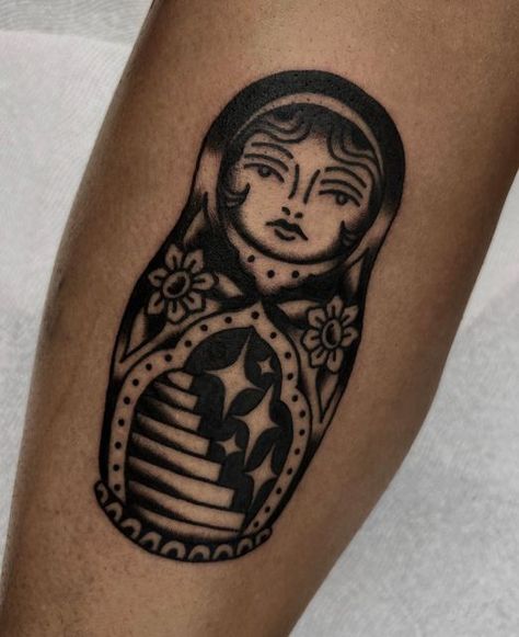 Traditional Babushka Doll Tattoo, Matryoshka Dolls Tattoo, Traditional Matryoshka Doll Tattoo, American Traditional Nesting Doll Tattoo, American Traditional Russian Doll Tattoo, Small Traditional Tattoo Black, American Traditional Blackwork Tattoos, Russian Nesting Doll Tattoo Traditional, Russian Doll Tattoo Traditional