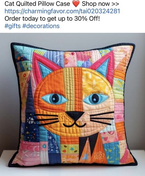 Quilted Cat Pillow, Cat Pillow Pattern Free, Sewing Pillows Ideas, Cat Pillow Pattern, Cat Pillows, Quilt Pillow Case, Cat Quilt Block, Cat Quilt Patterns, Quilted Pillow Covers