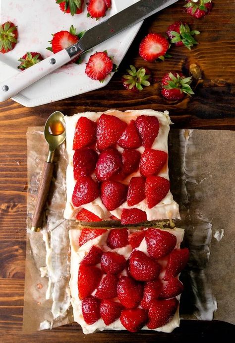 Strawberry Shortcake Bars | Strawberry Bars - Dessert for Two Shortcake Recipes, Strawberry Shortcake Bars, Bars Dessert, Strawberry Cheesecake Bars, Strawberry Bars, Small Batch Baking, Strawberry Shortcake Recipes, Dessert For Two, Whipped Cream Cheese