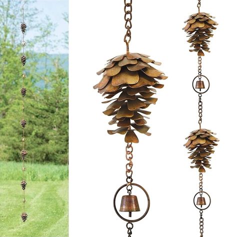 PRICES MAY VARY. RELIABLE MATERIA - Each pine cone rain bell is mainly made of metal materials reliable durable not easy to break safe to use and can be used as a home decoration for a long time, as well as adds gentle sound to the setting. SIZE - Pinecone rain chain is 44 inches in length, consisting of 5 of bells and 5 of cones, made of copper plating, very durable. DECORATE YOUR OUTDOOR SPACE - When the sun comes out, the downspout rain chain will display beautiful garden art on gazebos, arbo Rain Chains Without Gutters, Decorate Pine Cones, Rain Chain Ideas, Rain Catcher, Copper Rain Chains, Copper Plating, Rain Chain, Camp Ideas, How To Attract Birds