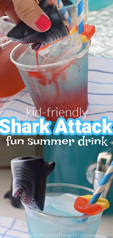 shark attack drink Shark Brownies, Shark Punch For Kids, Shark Week Drinks For Kids, Shark Drinks For Kids, Shark Week Party Food Ideas, Shark Themed Birthday Party Food, Jaws Party Ideas, Shark Week Dinner Ideas, Shark Week Food Ideas