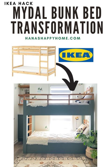 Take this basic IKEA Bunk Bed and make it look like a custom bunk bed. Here's how I moved the ladder, added the railing and more! Mydal Bunk Bed Hack, Ikea Mydal Bunk Bed Hack, Ikea Mydal Bunk Bed, Bunk Bed Makeover, Mydal Bunk Bed, Ikea Bunk Bed Hack, Custom Bunk Bed, Ikea Mydal, Bunk Bed Hacks