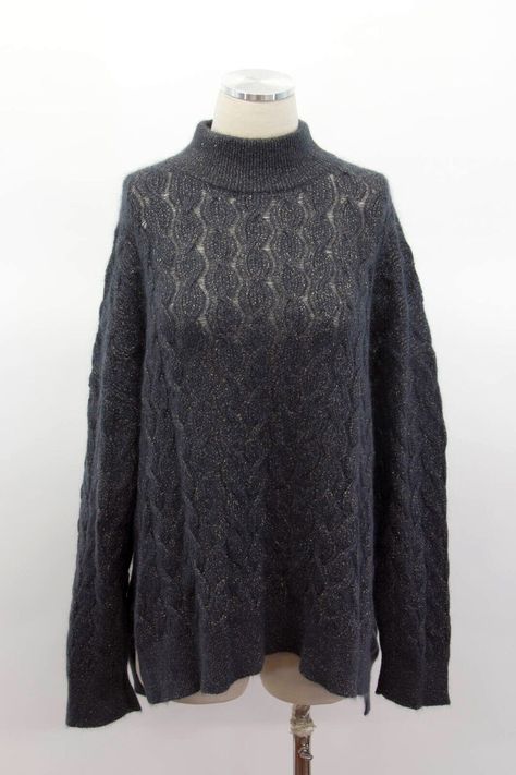 Brunello Cucinelli  Made In Italy NWT $2850 Brunello Cucinelli Women's Mohair Blend Knit Shiny Lurex Sweater  Size Medium   Details  42% Mohair 38% Polyamide 12% Wool 8% Metallic Fibers  . Women's Stylish, Soft Mohair-Wool Blend Sparkling Lurex Cable-Knit Sweater . Ribbed Mock Meck Collar . Shimmering, Interwoven Metallic Gold Lurex Stitching Creating A Shimmer Effect . Stretchy . Medium-Heavy Weight . Rich Navy-Gray + Metallic Gold Lurex Stitch Colors (Note: Few Tiny Separations In Knit Near Collar, Perhaps The Style Of Stitch Finishing Since There Are Slight Separations In Knit Throughout Fabric, However We Are Not Sure-Please Refer To Last 4 Photos. Missing Inner Material & Size Label, However Both Material & Size Are Written On White Paper Tag) Measurements Chest: 26" Sleeve: 24"  Shou