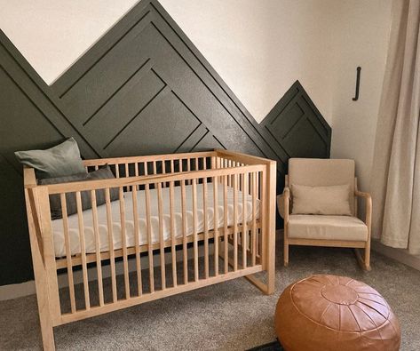 Green baby boy mountain nursery, mountain nursery inspo Pine Green Nursery, Mountain And Bear Nursery, Wood Trim Accent Wall Mountains, Mountain Accent Wall Diy, Mountain Room Theme, Nursery Accent Wall Mountains, Mountain Range Nursery, Montana Themed Nursery, Modern Mountain Nursery