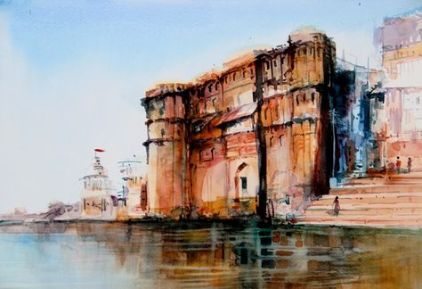 Benaras by Abhishek Ghosh Price Rs 4,500 plus shipping Manikarnika Ghat, Watercolor Indian, Watercolor Scenery, Watercolor Architecture, Beautiful Art Paintings, Landscape Art Painting, Watercolor Landscape Paintings, Indian Paintings, Indian Art Paintings