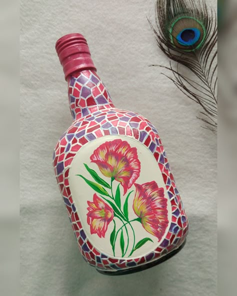 Upcycled handpainted bottles. Glass Pot Painting Ideas, Old Monk Bottle Art Diy, Bottel Paintings Aesthetic, Old Monk Bottle Painting, Bottle Art Ideas Paint, Palash Flower, Matka Painting, Bottle Painting Ideas, Glass Bottle Painting