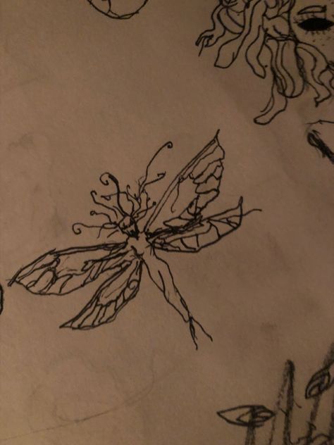 Fairy Tattoo Gothic, Small Sketch Tattoo Ideas, Bad Fairy Tattoo, Dark Fae Tattoos, Dark Fairytale Tattoo, Unique Fairy Tattoo, Whimsy Goth Tattoo, Dark Fairy Tattoo, Tattoo Whimsical