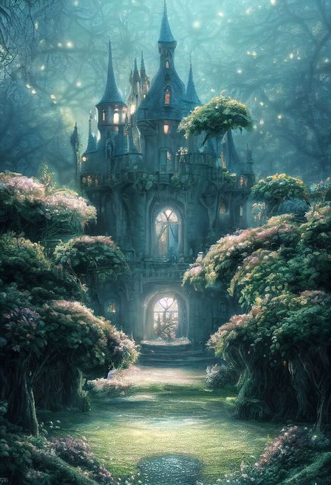 Enchanted Forest Castle, Elven Castle, Fantasy Landscape Art, Forest Castle, Fantasy Castles, Castle Medieval, Dragon Castle, Castle Project, Castle Painting