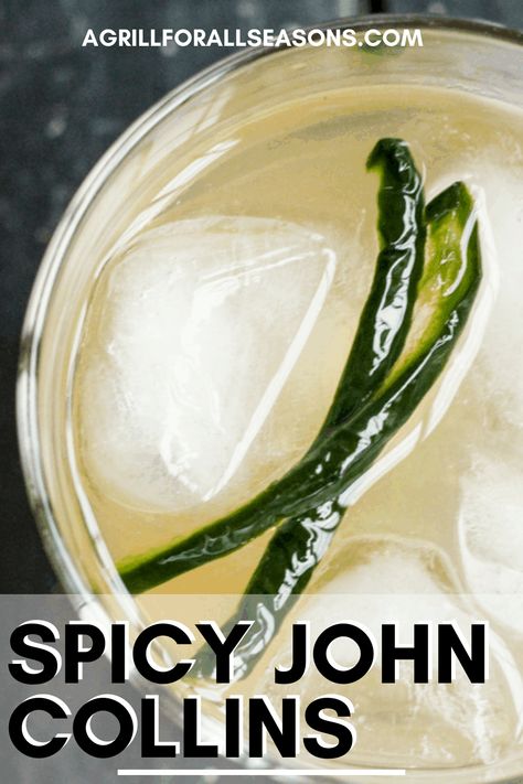 Jalapeño Simple Syrup is easy to make & a great way to kick up your favorite cocktails. Just 3 ingredients for the perfect sweet heat. Make a classic John Collins cocktail with a new twist! Low Carb, Keto, Gluten-Free options. Spicy Simple Syrup, Jalapeno Syrup Cocktails, Jalapeno Simple Syrup Cocktails, Stevia Simple Syrup Recipe, Jalapeno Gin Cocktail, Jalepeno Margarita Simple Syrup, Keto Beverages, Vegan Cocktails, Party Tricks