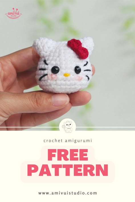 Discover the charm of crocheting with our free Hello Kitty Tiny Amigurumi pattern by Amivui Studio. This petite, adorable project is perfect for both beginners and experienced crocheters. Follow our step-by-step instructions, available on amivuistudio.com, and bring this beloved character to life, one stitch at a time. Get ready for a delightful crochet adventure! Easy Hello Kitty Crochet, Small Hello Kitty Crochet Pattern, Crochet Mini Hello Kitty Free Pattern, Hello Kitty Crochet Plush, Free Amigurumi Patterns Keychain, Hello Kitty Crochet Keychain Pattern, Hello Kitty Keychain Crochet Free Pattern, Tiny Crochet Projects Free, Crochet Hello Kitty Pattern