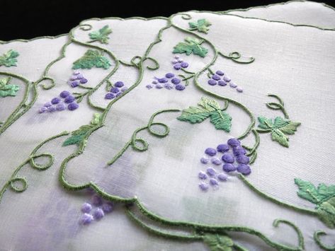 Linen Cocktail Napkins, Embroidered Handkerchief, Grape Leaf, Embroidery Patterns Vintage, Learn Embroidery, Fish Patterns, 자수 디자인, Vintage Cocktail, Vintage Embroidery